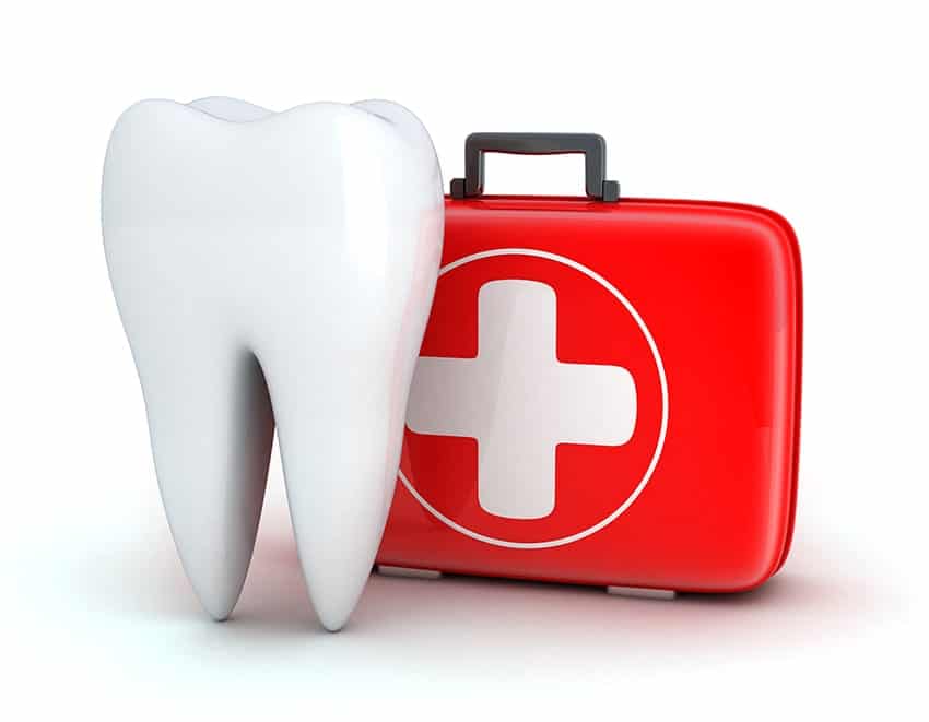 Large animated tooth next to a first aid kit